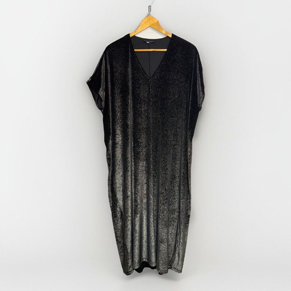 Bryn Walker Rowan Dress Maxi Kaftan XL Black Silver Metallic Velvet Made In USA